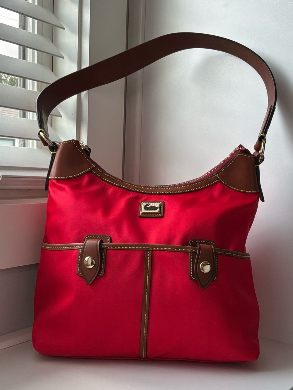 Dooney & Bourke Camden Nylon Hobo Bag K9978807. Red w/British Tan Leather Trim